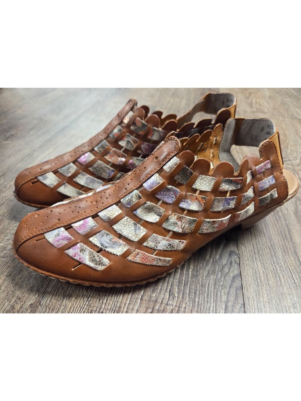 RIEKER Sina Woven Leather Slingback Kitten Shoes Heels in Brown Size 40 - US 9